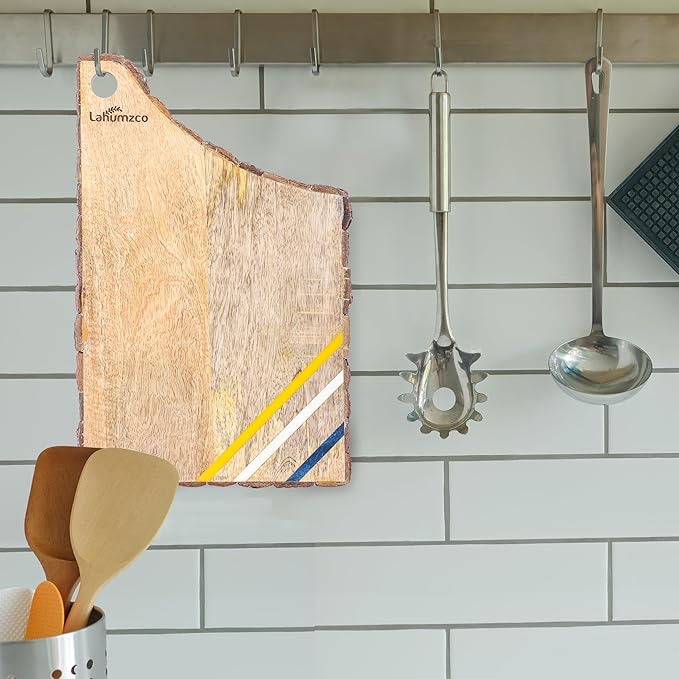 Mango Wood With Tree Bark Multi Cutting Board, Chopping Board, Cheese Board, Bread, and Charcuterie - Decorative Wooden Serving Board for Kitchen and Dining 14x9 Inches