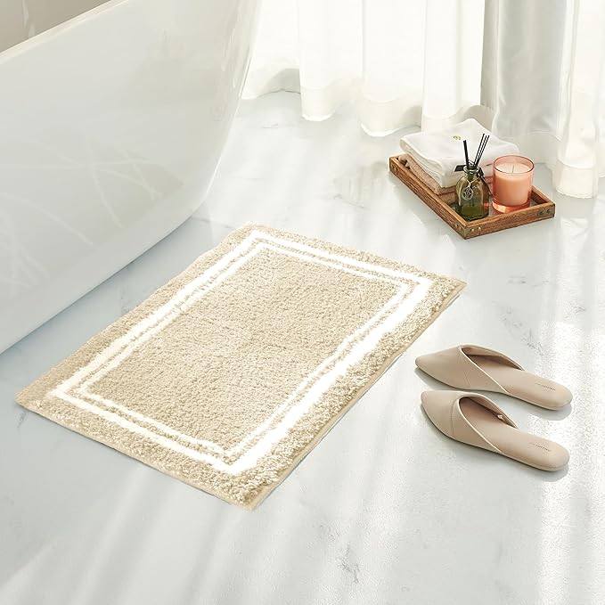 Tititex Luxury Cream Frame Line Bathroom Rug, 16x24 inch Extra Soft and Absorbent Microfiber Bath Rugs, Non-Slip Plush Shaggy Bath Carpet, Bath Mats for Bathroom Floor, Tub and Shower