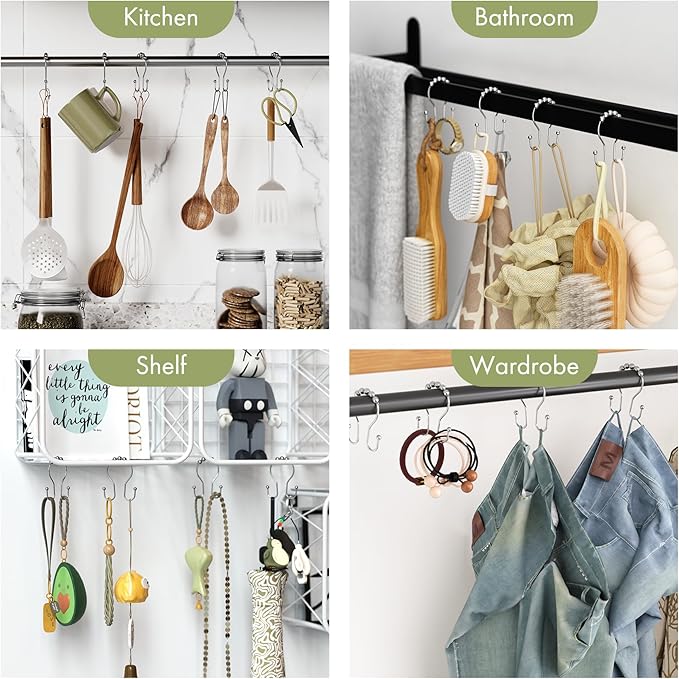 AmazerBath Shower Curtain Hooks, Shower Curtain Rings, Metal Chrome Shower Curtain Hooks Rust Proof, Smooth Glide Double Shower Hooks for Shower Curtain, Shower Rod Hooks 12Pcs