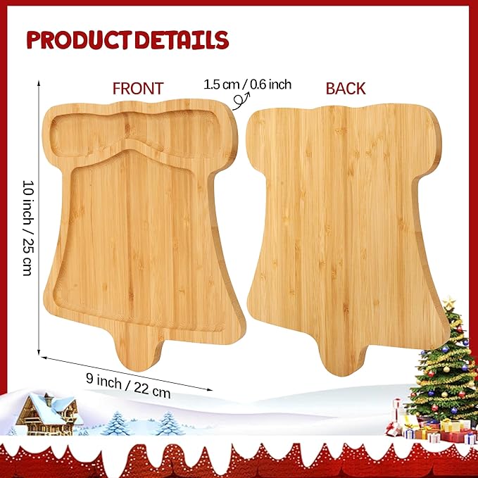 TJ POP Christmas Bell-Shaped Bamboo Serving Platter, Holiday Decorative Jingle Bell Candy Snack Tray, 10” x 9” Natural Wood Serving Tray Cute Charcuterie Board for Cheese, Cookies & Festive Displays