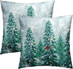 Winter Pine Trees Pillow Covers 22x22 Set of 2, Christmas Natural Green Forest Birds Decorative Pillowcases Cotton Cushion Cover for Room Bed Sofa Couch Outdoor Porch Patio Decor