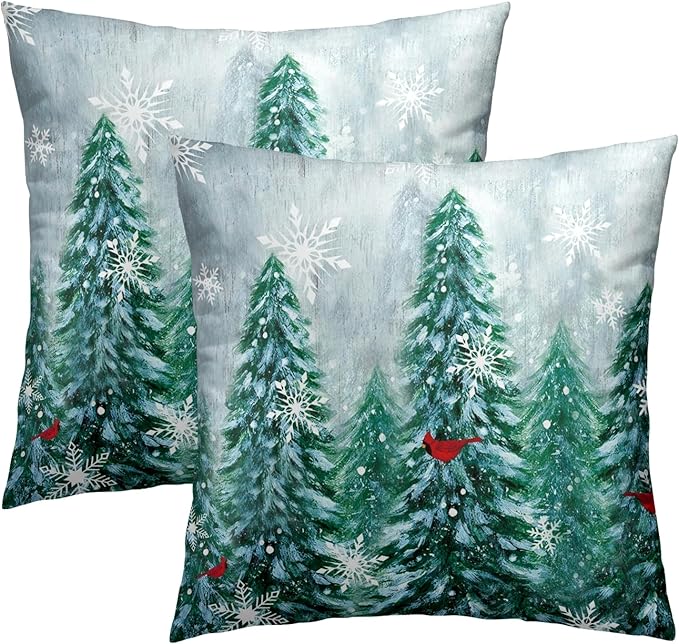 Winter Pine Trees Pillow Covers 22x22 Set of 2, Christmas Natural Green Forest Birds Decorative Pillowcases Cotton Cushion Cover for Room Bed Sofa Couch Outdoor Porch Patio Decor