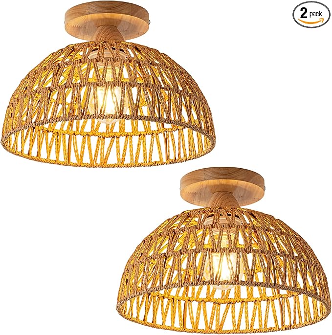 2 Packs Boho Light Rattan Chandelier Ceiling Lighting Fixtures Boho Lamp Shade Flush Mount Ceiling Light Hand-Woven Small Chandelier for Hallway Bedroom Kitchen Nursery Lights