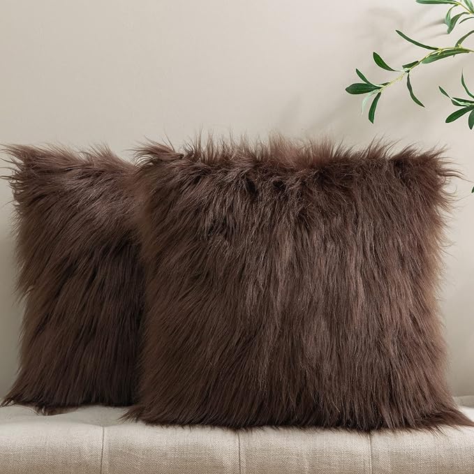 Phantoscope Pack of 2 Faux Fur Solid Throw Decorative Pillow Cover Cushion Covers Luxury Soft Decorative Pillowcase Fuzzy Pillow Covers for Bed/Couch,Coffee 20 x 20 Inches