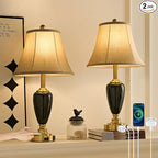 24" Ceramic Table Lamp with 3 Way Dimmable Touch Lamps - 2 USB Ports & AC Outlet Bedside Lamps, Modern Nightstand Lamp for Bedroom Living Room Office (Bulb Included) (Dark Green-2 Pack)