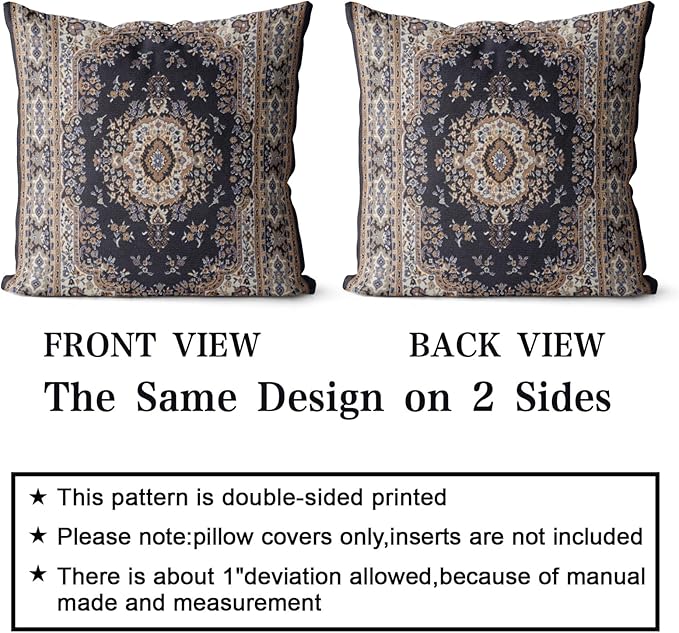 Snycler Boho Throw Pillow Covers 18x18 inch Set of 2 Black Medallion Border Area Rug Double Sided Pattern Cotton Soft Pillow Case Cushion Cover Pillowcase for Couch Sofa Bed Decorative