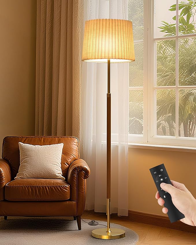 JOOFO Mid-Century Modern Wood Floor Lamp with Dual Fabric Shade, Remote Control, Dimmable & Adjustable Color Temperature, Reading & Living Room Lamp, Easy Clean Cover, Foot Switch