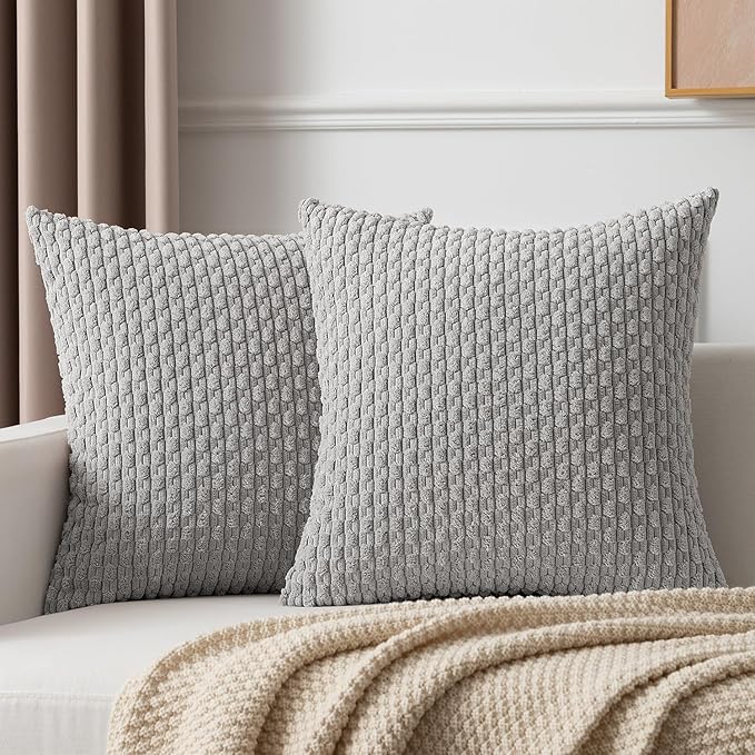 Kevin Textile Set of 2 Decorative Pillows Covers for Couch Striped Boho Velvet Sofa Pillow Covers 40x40cm 16 x 16 Inch Light Grey