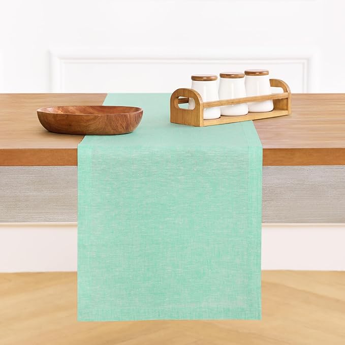 Solino Home Linen Table Runner 90 Inches Long - Athena, 100% Pure Linen Chambray Aqua Dining Table Runner 14 x 90 Inch