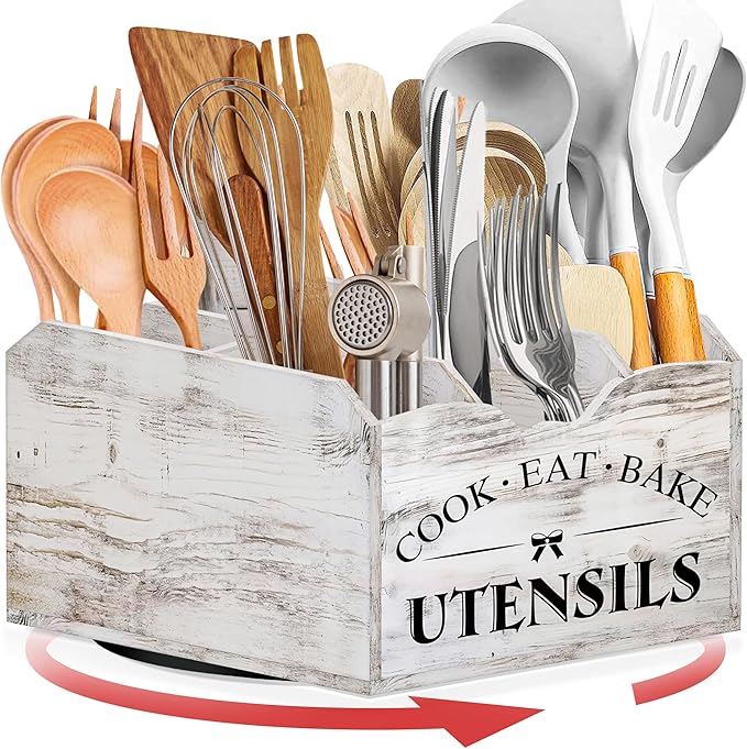 [Upgraded] Extra Large Kitchen Utensil Holder for Countertop with 360° Rotating Base, 6 Compartments, Removable Divider, Bamboo Utensil Organizer for Countertop, Farmhouse Kitchen Decor