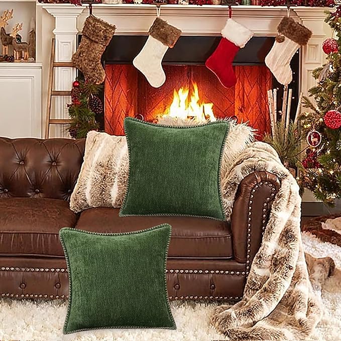 decorUhome Christmas Chenille Soft Throw Pillow Covers 16x16 Set of 2, Farmhouse Velvet Neutral Decorative Euro Fall Pillow Covers with Stitched Edge for Couch Sofa Bed Home Decor, Forest Elf