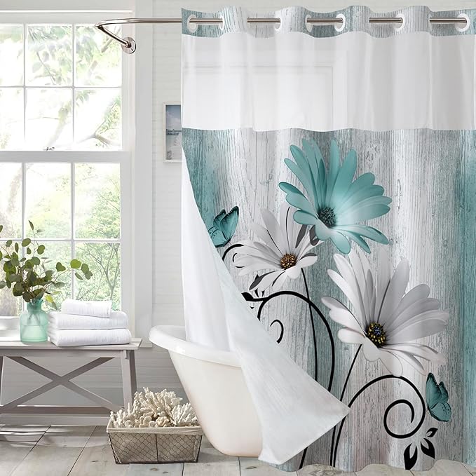 Muuyi Teal Watercolor Floral Shower Curtain,No Hook Shower Curtain,Polyester Shower Curtains with Snap in Fabric,Sheer Top Window for Bathroom Decor,Waterproof & Washable,72W x 75L Inch