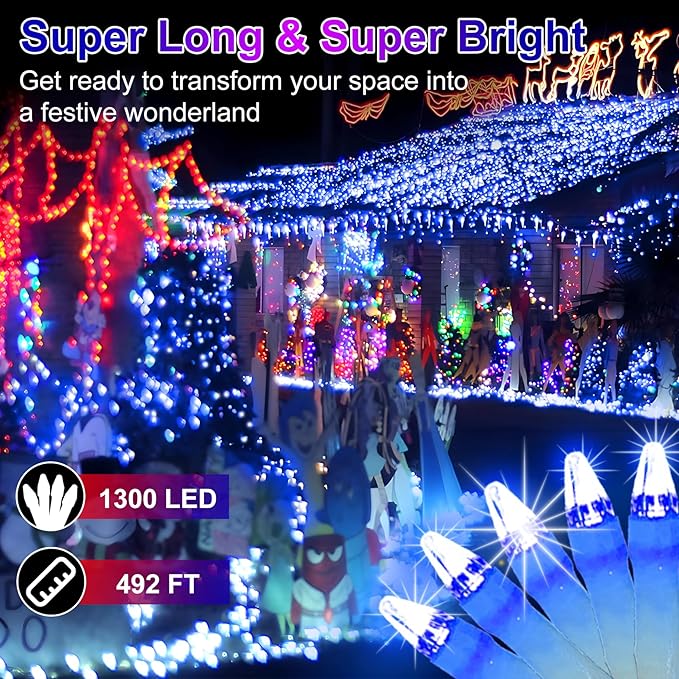 492FT Outdoor Christmas Lights, 1300 LED Super Long String Lights 8 Lighting Modes & Timer Memory, Outsite Waterproof LED Light Strings for House Trees Garden Wedding Party Holiday Decorations Blue