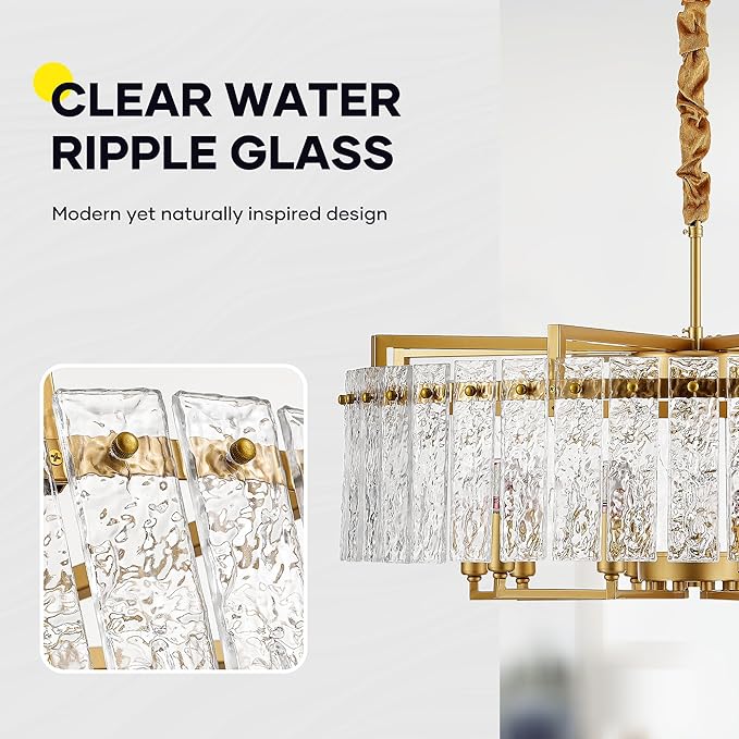 Gold Crystal Chandeliers for Dining Room 10-Light, 29.5” Modern Water Ripple Glass Light Fixture, Farmhouse Round Lighting for Kitchen Island, Bar Table