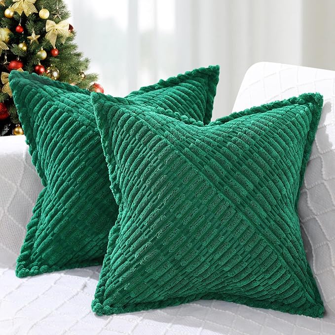 decorUhome Decorative Christmas Green Throw Pillow Covers 26x26 Set of 2 with Splicing, Boho Soft Neutral Corduroy Broadside Twill Pillow Covers for Couch Bed Sofa Living Room