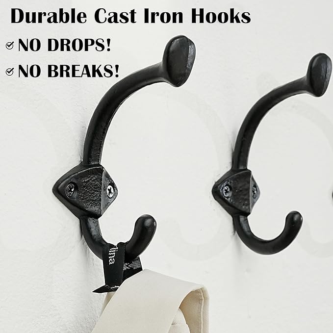 SKOLOO Heavy Duty Black Wall Hooks, Farmhouse Style Cast Iron Hooks, Pack of 5, Ideal for Backpack, Coat, and Towel Hooks - Perfect for Entryway, Mud Room, and Bathroom Storage