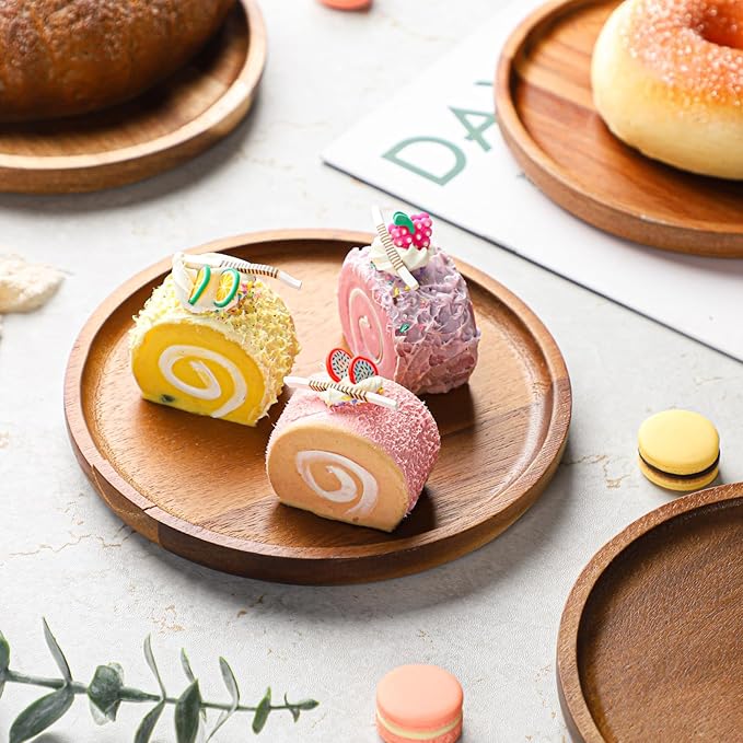 Wooden Acacia Plates of 4, 6Inch Round Wood Plates Acacia Wooden charcuterie boards Serving Tray for Dishes Snack Dessert