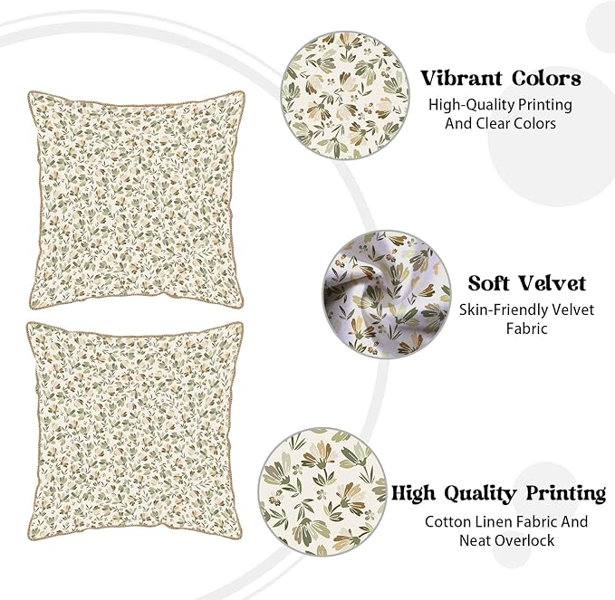KSLIDS Sage Green Beige Floral Soft Velvet Throw Pillow Covers Set of 2 Vintage Brown Flower Decorative Pillow Covers 16x16 Inch Rustic Pillow Case for Sofa Couch Bedroom Farmhouse Home Decor