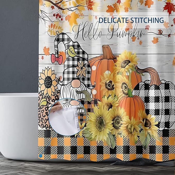 Fall Gnome Plaid Pumpkin Shower Curtain Autumn Maple Leaves Sunflower Orange Plaid Thanksgiving Farmhouse Bathroom Curtains Waterproof Polyester Fabric Bath Curtain 72 x 72 Inch with 12 Hooks