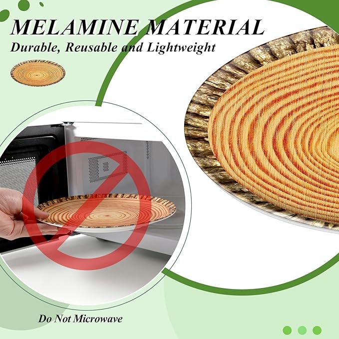 3Pcs Wood Grain Serving Tray Round Melamine Platter 10 Inch Dessert Plates for Camp-Fire Party Camping Woodland Animal Baby Shower Birthday Party Supplies