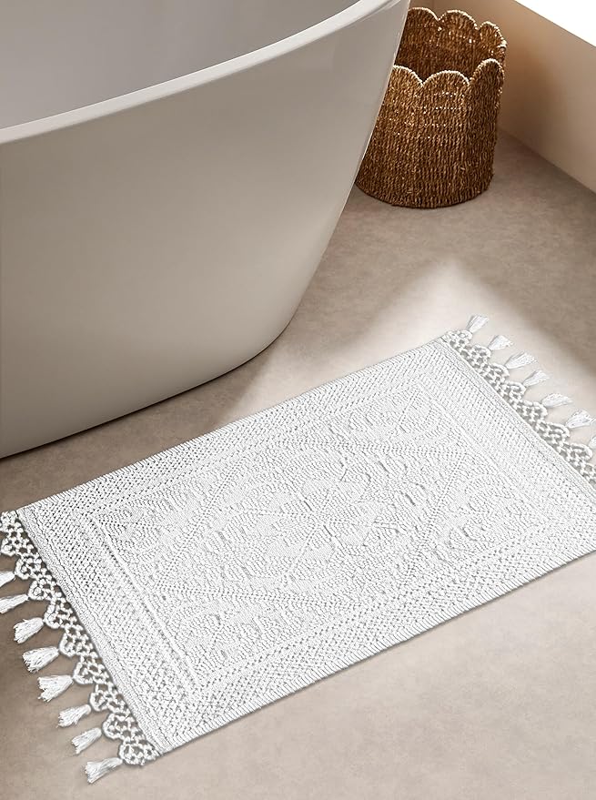 Savi Home Cotton Woven Jacquard Bathroom Rug, Woven Fringe Bathroom Mats, 100% Cotton, Non - Slip Bath Mat, Durable Thick Bath Mat 20”x38” with Fringes, White