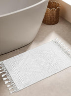 Savi Home Cotton Woven Jacquard Bathroom Rug, Woven Fringe Bathroom Mats, 100% Cotton, Non - Slip Bath Mat, Durable Thick Bath Mat 20”x38” with Fringes, White