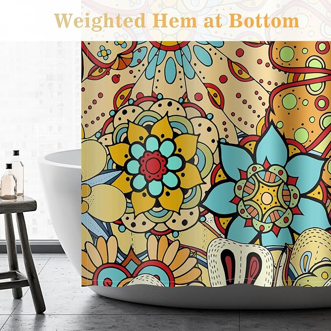 Aimego Stall Small Shower Curtain - Boho Floral Bohemian Chic Mandala Gypsy Flowers Narrow Half Fabric Cloth Shower Curtain Set for Adults Bathroom Decor Accessories Bath Curtain, 36"x72"