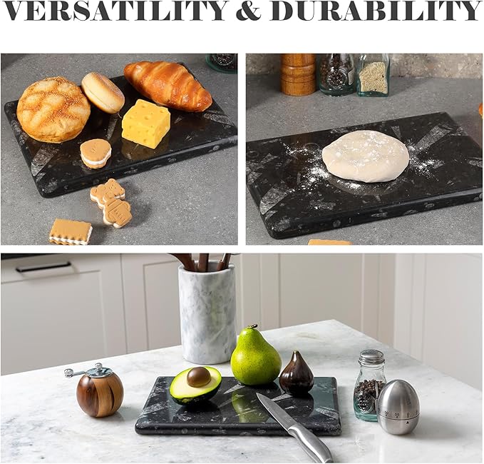 Natural Moroccan Fossil Stone Tray - Black Marble Decorative Serving Board for Charcuterie, Cheese, Pastry - Jewelry, Candles, Perfume, Trinket Plate, Kitchen & Home Decor Centerpiece 12"x 8"