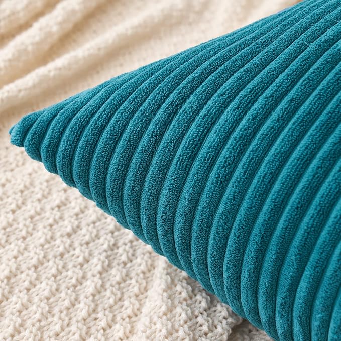 MIULEE Pack of 2 Teal Corduroy Pillow Covers Soft Boho Striped Throw Pillow Covers Set Decorative Square Cushion Cases Pillowcases for Sofa Bedroom Couch 16 x 16 Inch