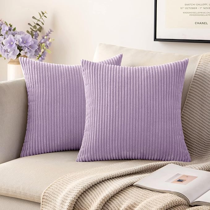 MIULEE Winter Pack of 2 Corduroy Pillow Covers Soft Soild Cushion Cases Decorative Square Throw Pillow Covers Lavender Pillowcases for Sofa Bedroom Car 18 x 18 Inch 45 x 45 Cm