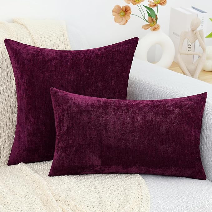decorUhome Chenille Burgundy Christmas Throw Pillow Covers 20x20 Inch Set of 2, Decorative Soft Couch Pillow Covers Solid Dyed Accent Velvet Farmhouse Neutral Square Pillow Cases for Sofa Living Room