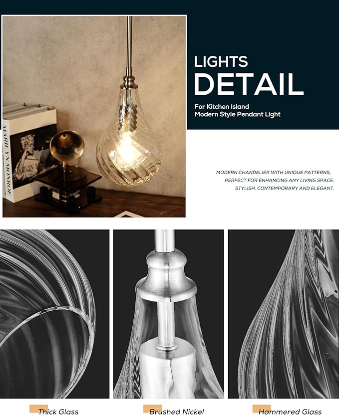 TENGXIN Mini Hanging Light 6 Inch,Kitchen Pendant Lighting Over Island,Brushed Nickel Finished Striped Glass Pendant Light,Farmhouse Pendant Light for Dining Room,Bedroom