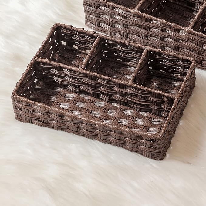 Toilet Tank Topper Paper Basket Multiuse Hand Woven Plastic Wicker Basket Bins with Divider for Shelves Rustic Farmhouse Bathroom Decor Countertop Organizer Storage