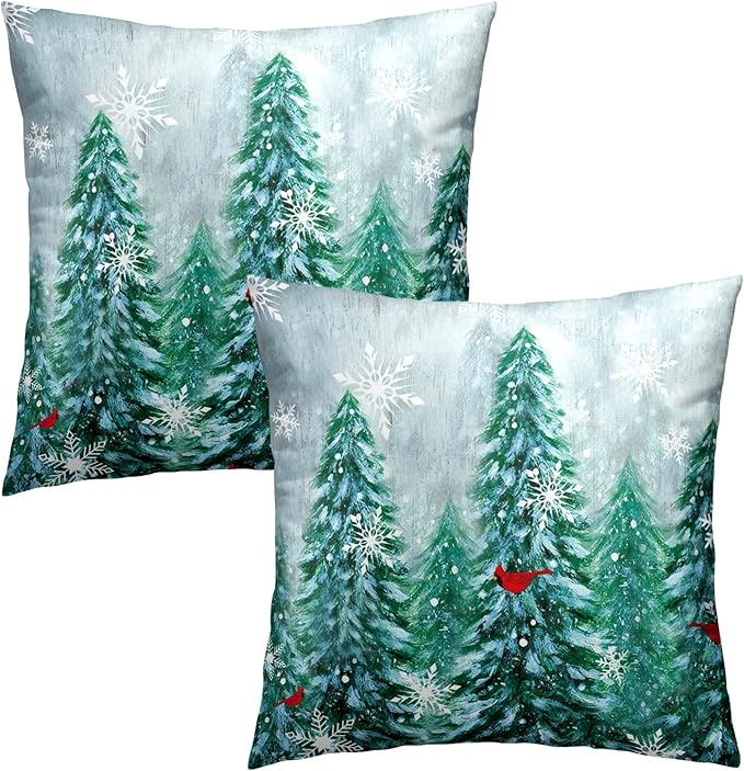 Winter Christmas Trees Pillow Cover 20x20 Inch Set of 2, Rustic Christmas Snowy Pine Forest Birds Decorative Pillow Square Cushion Case for Sofa Couch Outdoor Home Decor