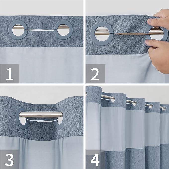 No Hooks Needed Linen Textured Shower Curtain with Snap-in Fabric Liner Set,Blue Grey Hotel Luxury Decor Shower Curtains for Bathroom with Mesh Top Window,Waterproof & Washable,71Wx74H