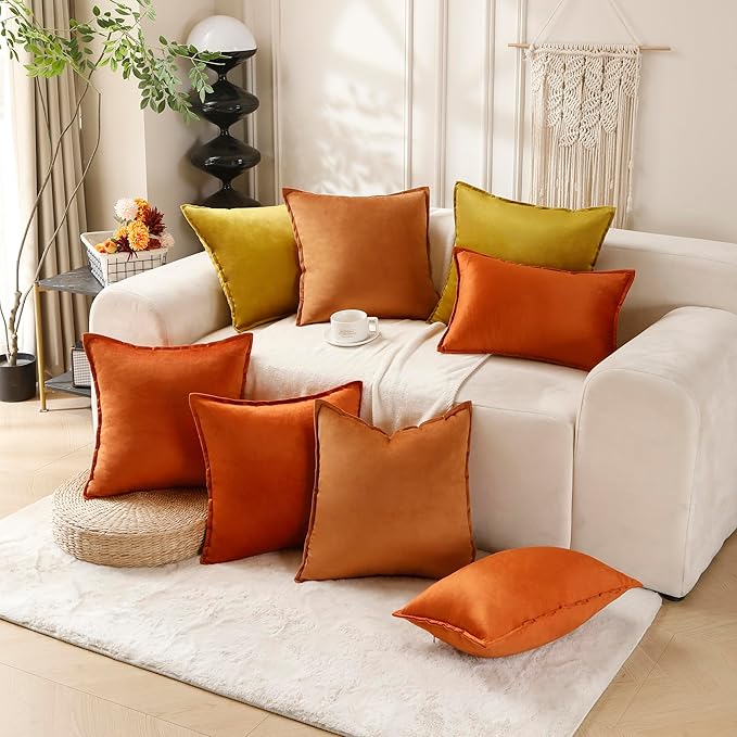VAKADO Throw Pillow Covers 12x20 Set of 2 Burnt Orange Velvet Decor Decorative Couch Cushion Euro Autumn Fall Pillowcases with Fringe Home Bed Decoration for Sofa Bedroom Office