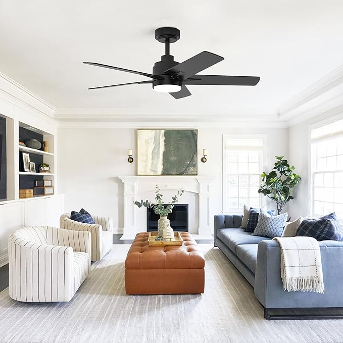 YUHAO 48 Inch Black Ceiling Fan with Light and Remote Control.Noiseless,Dimmable, 3CCT,6 Speeds Reversible, Modern DC Ceiling Fans for Indoor Use