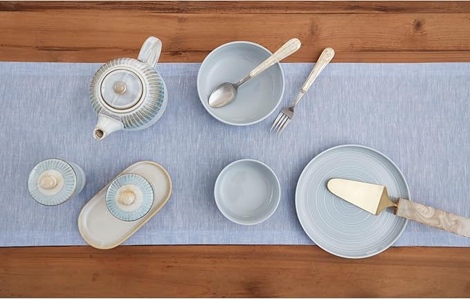 Solino Home Linen Table Runner 144 Inches Long - Athena, 100% Pure Linen Chambray Blue 14 x 144 Inch Table Runner for Dining, Christmas