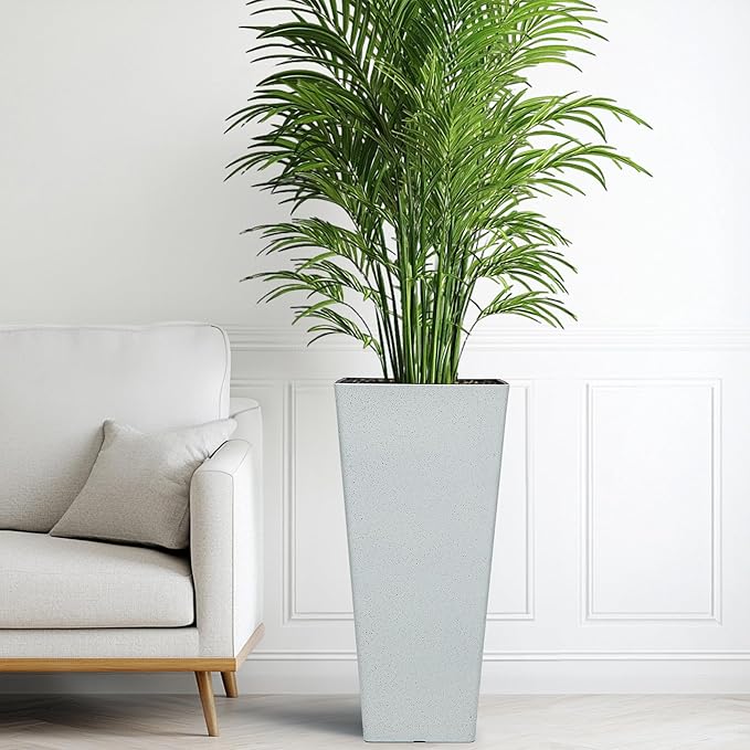 28" Tall Planters for Indoor Outdoor Plants, Set of 2 Large Tapered Flower Pots, Modern Plant Containers for Patio, Garden, Porch, Balcony or Home Decor, White Terrazzo, Durable & UV-Resistant