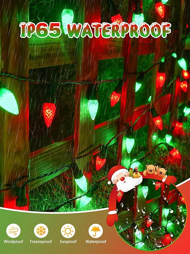 C6 Solar Christmas Lights Outdoor, 100 LED 33FT Christmas Decorations Outdoor Waterproof, Solar String Lights for Outside with 8 Modes, Fairy Twinkle Light for Tree Garden Yard Decor (Red and Green)