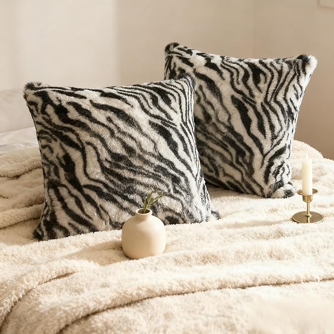 Black White Square Pillow Cover Soft Fluffy Fuzzy Faux Fur Zebra Stripe Throw Pillows Modern Decorative Accent Cushion Covers Pillowcase for Couch Sofa Living Room Bedroom, 18x18