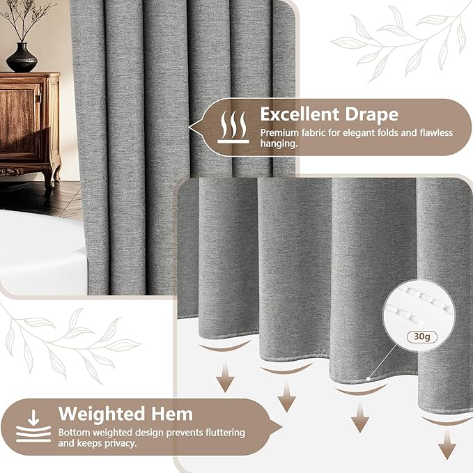 Grey Faux Linen Textured Fabric Shower Curtain, Heavy Duty Linen Look Hotel Shower Curtain Water-Resistant, 72 x 72 Inch Natural Gray Bathroom Shower Curtains Wrinkle-Free, Machine Washable