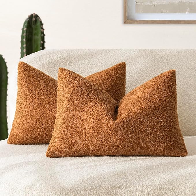Foindtower Pack of 2, Curly Faux Fur Lumbar Decorative Throw Pillow Covers Soft Fuzzy Plush Cushion Case Cozy Pillowcase for Living Room Couch Bed Sofa Home Decor 12 x 20 Inch, Bronze