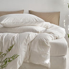 MooMee Striped Duvet Cover Set 100% Washed Cotton Linen Like Textured Breathable Durable Soft Comfy (White Tannish Linen Grey Wide Stripes, King 104"x90")
