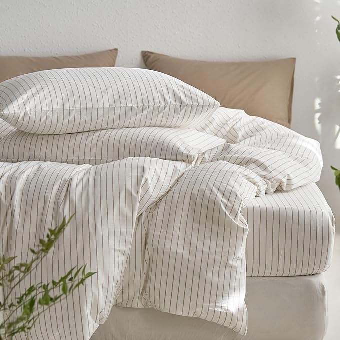 MooMee Striped Duvet Cover Set 100% Washed Cotton Linen Like Textured Breathable Durable Soft Comfy (White Tannish Linen Grey Wide Stripes, King 104"x90")