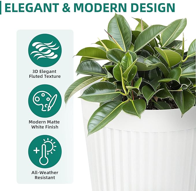 20" Resin Tall Planters for Outdoor Plants,Set of 2 Matt White Large Flower Pots with Handmade Fluted Texture,Heavy-Duty and Resistant for Year Round Indoor, Ideal for Christams Decoratione