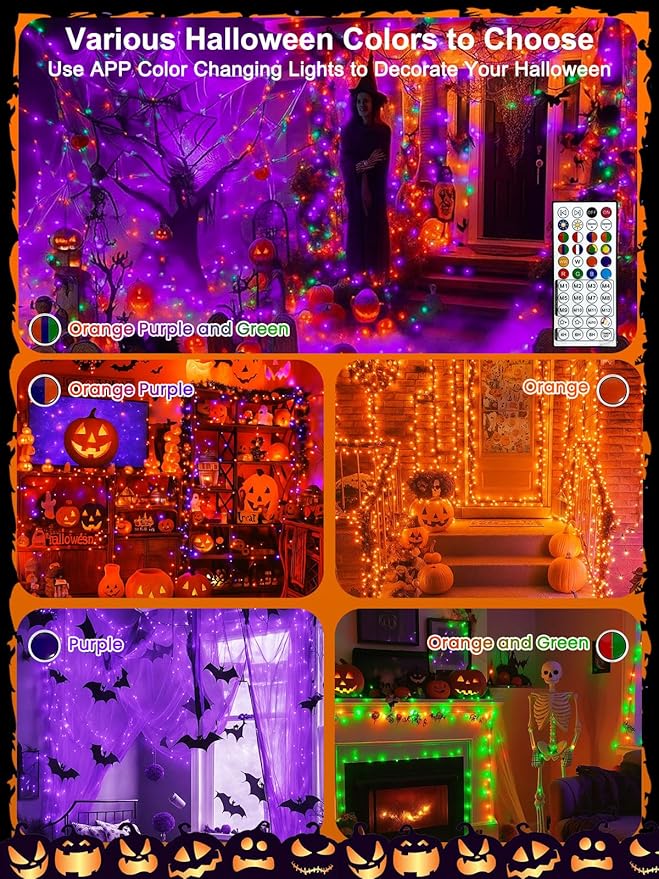 Smart LED Halloween String Lights with Remote & App 66FT 200LED, Waterproof RGB Dimmable Clear Wire Christmas Lights, Color Changing Christmas Tree Light Outdoor Indoor with Timer for Halloween Decor