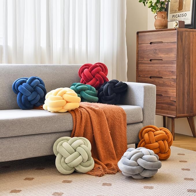 Xuyier Knot Pillow Ball, Decorative Throw Pillows with Velvet Fabric for Couch Bed, 12" Decor Knotted Square Floor Pillow Cushions for Living Room (12 Inches, Wine Red)