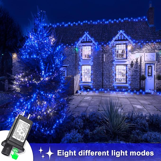 262FT 800 LED Blue Christmas Lights, 8 Modes Clear Wire Blue String Lights Outdoor Indoor for Christmas Bedroom Tree Decorations