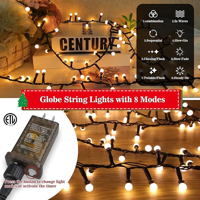 33FT 500LED Mini Globe Lights Plug in,Fairy Lights with Timer and 8 Modes,Christmas Lights for Indoor Outdoor Patio Party Garden Wedding Christmas Tree Decor (Warm White)